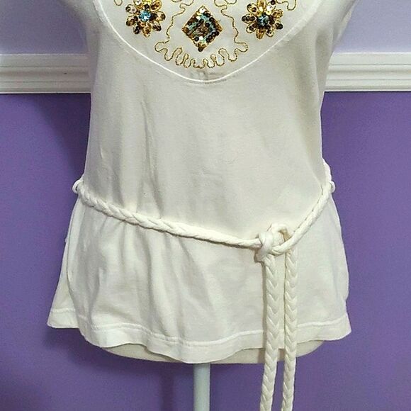 Red Paint White Sequined Y2K Retro Hippie Waist Tie Knit Top - Picture 3 of 8